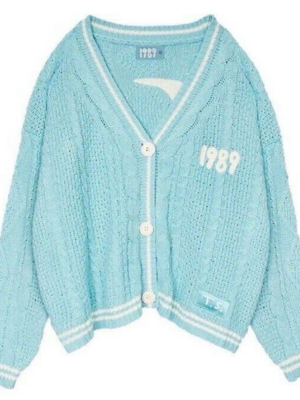 Taylor Swift 1989 Light Blue Cable Knit Cardigan with White Trim